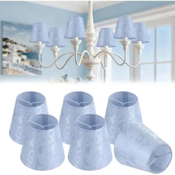 Set of 6 Pastel Blue Linen Clip-On Chandelier Lamp Shades Lamp Candle Chandelier
