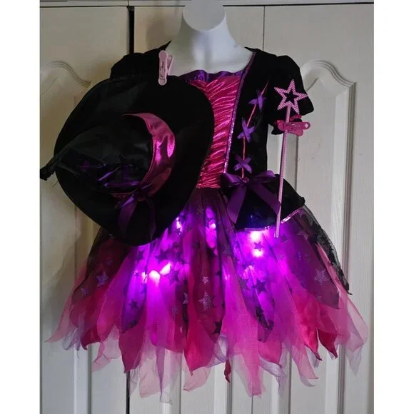 Sparkle Light-Up Witch Costume Toddler 3T-4T Hat Wand Pretty Pink Purple Sparkly
