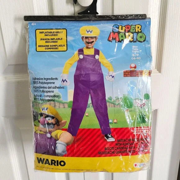 Super Mario Wario Kids Costume 4-6 Inflatable Belly Hat Gloves Mustache Nintendo