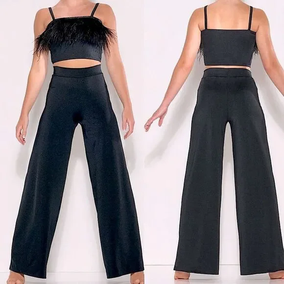 Kelle dance black feather costume 2 piece wide leg pants top 2900 3806 MA adult