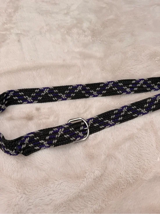 Vintage Woven Braided Belt in Black, Gray & Purple with Silver Buckle