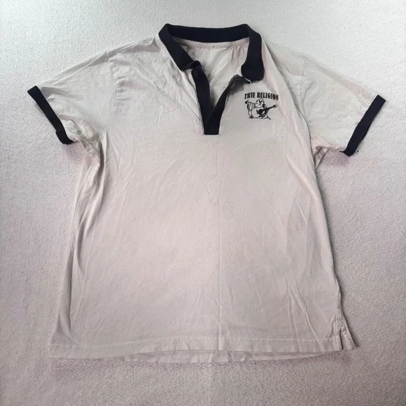 True Religion Polo Shirt White Black Logo Short Sleeve Men's L Y2K Casual