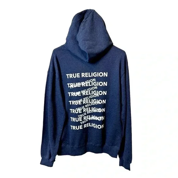 NWT True Religion Navy Blue Pullover Hoodie. Print On Back Horseshoe‎ Logo Front