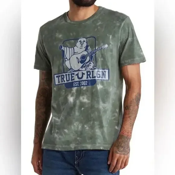 True Religion Green Tie Dye Buddha Logo Short Sleeve Tee T-Shirt Mens Size Large