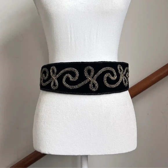 Vintage 90s Beaded Velvet Waist Belt Black Metallic Ornate Statement Chunky Wide