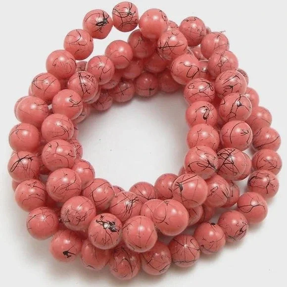 50pcs Pink with‎ Black Glass Beads 8mm