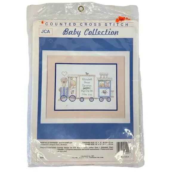 JCA Cross Stitch Kit Train Baby Collection Babyville Express Gift Sampler VTG