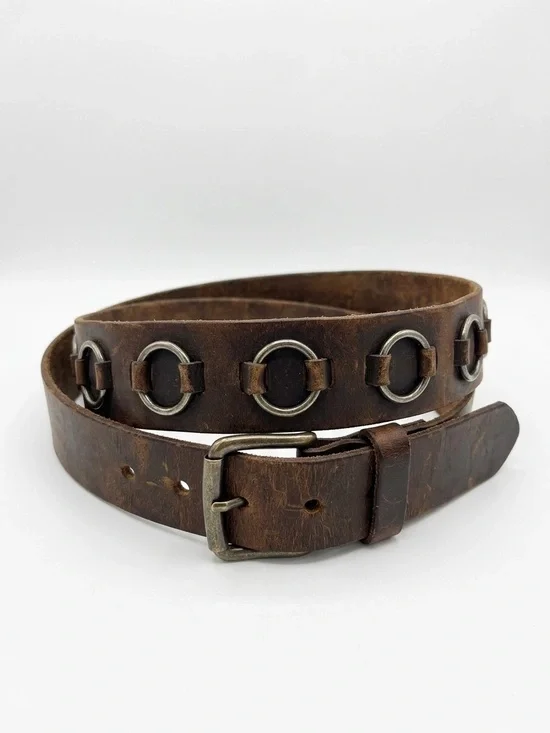 Vintage Distressed Brown Leather O-Ring Belt Genuine Leather