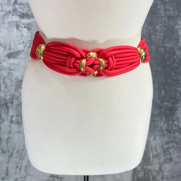 Retro Pink Wide Waist Statement Belt Gold Hardware Knotted Braided Cord Coquette