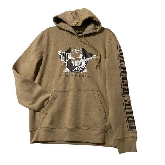 True Religion Mens Travertine Tan Buddha Graphic Pullover Hoodie Medium New‎