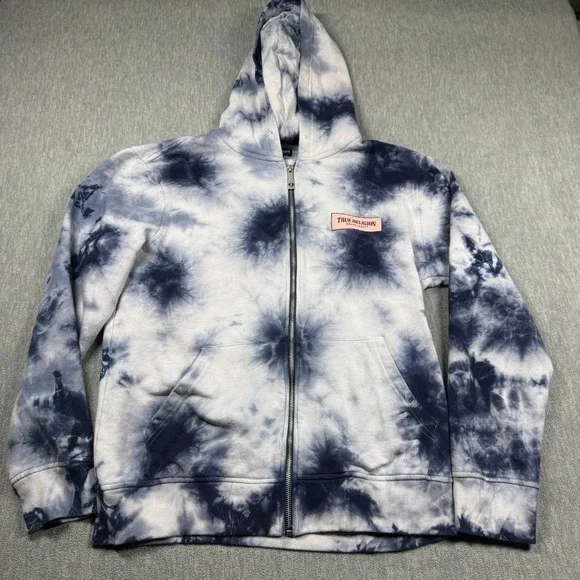 True Religion Hoodie Adult Large White Blue Tie Dye Zip Up Fleece‎ Buddha Logo