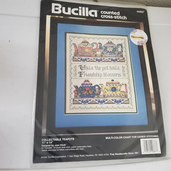 Bucilla Collectable Teapots Counted Cross Stitch Kit 1994 Joan Elliott 11x14