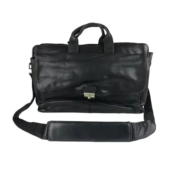Kenneth Cole Unisex Black Leather Inner‎ Pockets Detachable Straps Messenger Bag