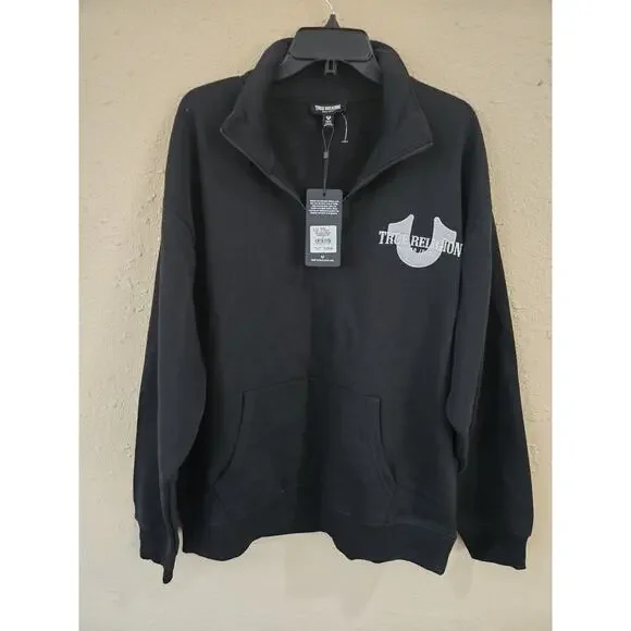 True Religion Sweater Mens Black Relaxed Mock 1/4 Zip Sweatshirt, Medium $129