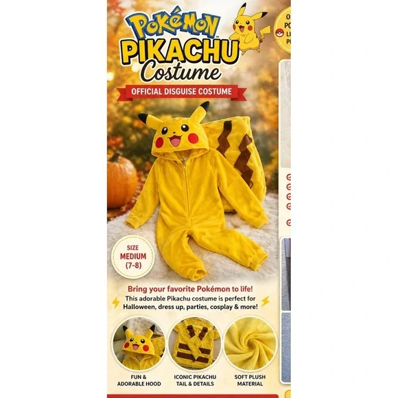 Pokemon Child Pikachu Halloween, Cosplay, Dress up, Pretend play Costume -7 Sz