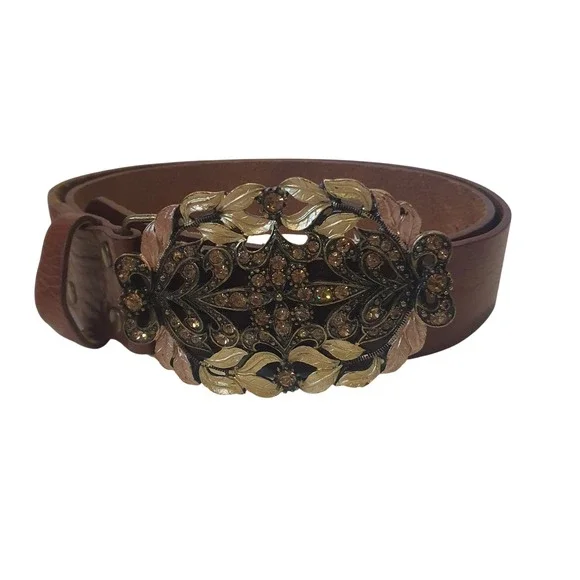 Cabi‎ Brown Leather Belt Ornate Filigree Rhinestone Buckle Boho Western Medium