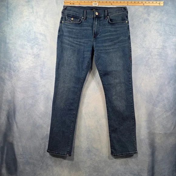 True Religion Ricky Relaxed Straight Jeans Blue Red Horseshoe Stitching Mens‎ 34
