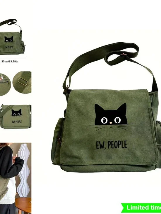 Green Black Cat Messenger Bag Crossbody Shoulder Bag Multi Pocket