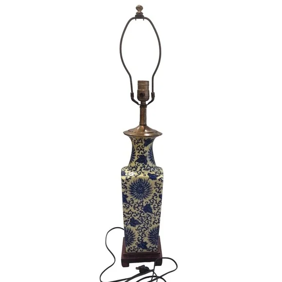 Vintage Blue Yellow Chinoiserie Porcelain Oriental Asian Decor Table Lamp EUC
