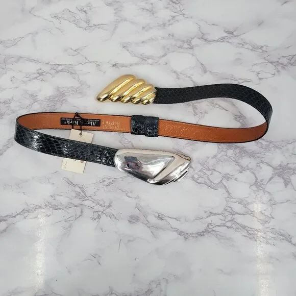 Alexis Kirk Belt Vintage Silver and Gold Oversized Buckle Snakeskin Strap