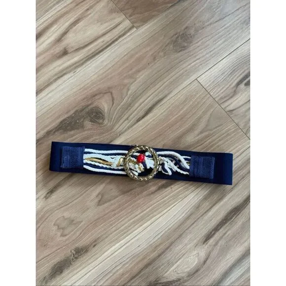 Vintage 80’s Womens Nautical Blue White Braided Gold Tone Buckle Stretch Belt