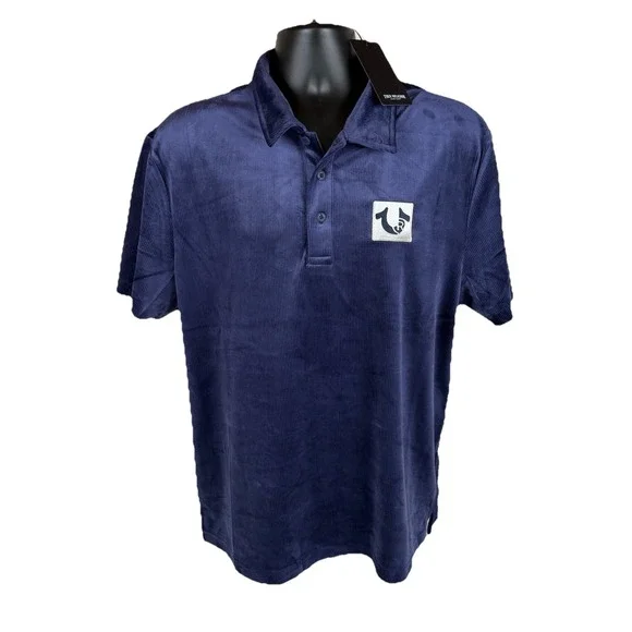 True Religion Velour Polo Shirt Men's Medium Eclipse Blue Short Sleeve New $99
