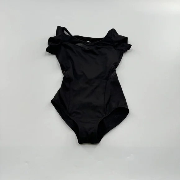 Bloch Kids Black Dance Leotard | Open Back Mesh Detail | Short Sleeve | Size 4–6
