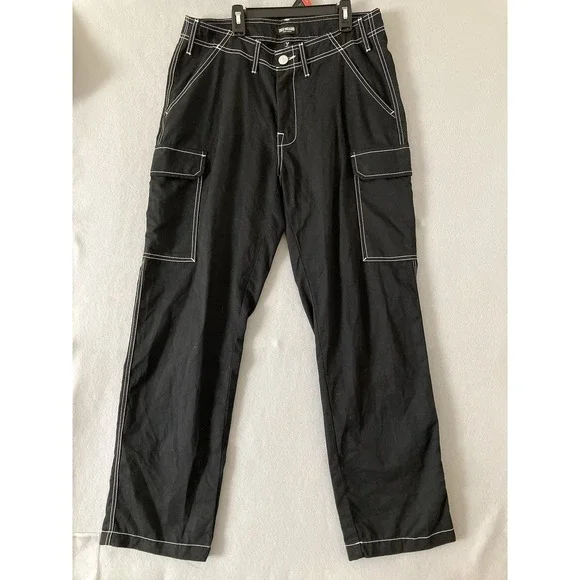 True Religion Brand Jeans Cargo Pants Jet Black Men Size 32 Baggy Y2K Streetwear