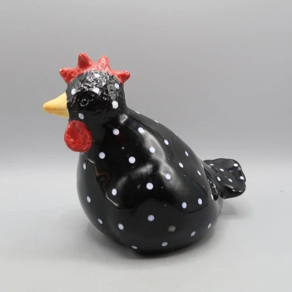 Black White Polka Dot Ceramic Chicken Hen Figurine Farmhouse Decor 5.5