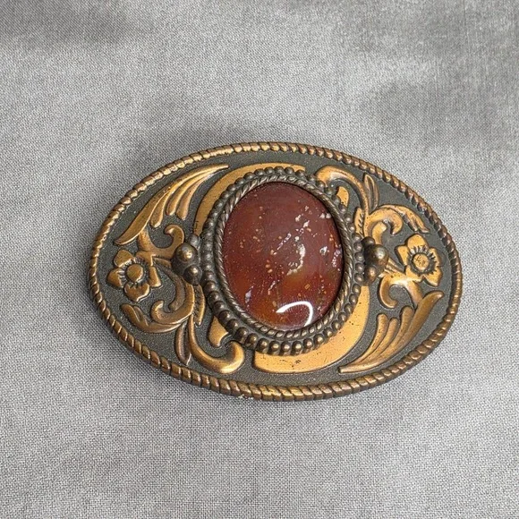 Belt Buckle Vintage Western Style Oval Red Jasper Stone Scrollwork Rope Border