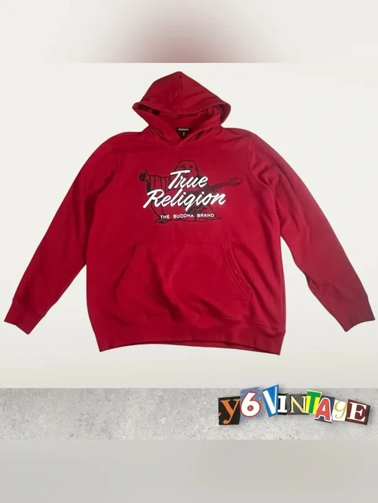 Large True Religion Red Pullover Hoodie with White Logo