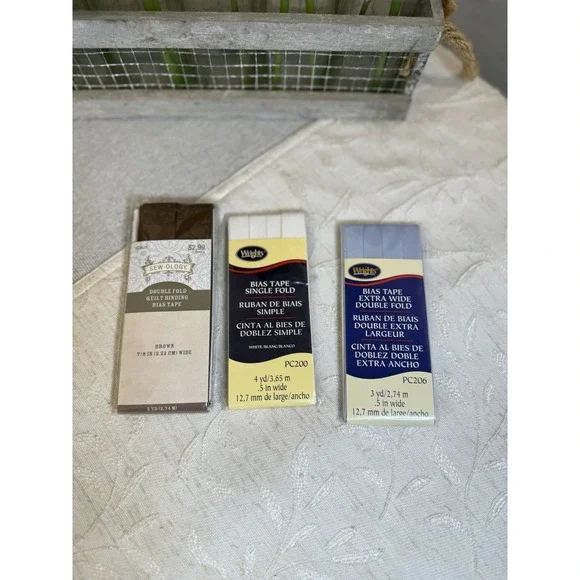 Lot of 3 Wrights & Sew-Ology Bias Tape‎ & Quilt Binding - Blue, White, Brown