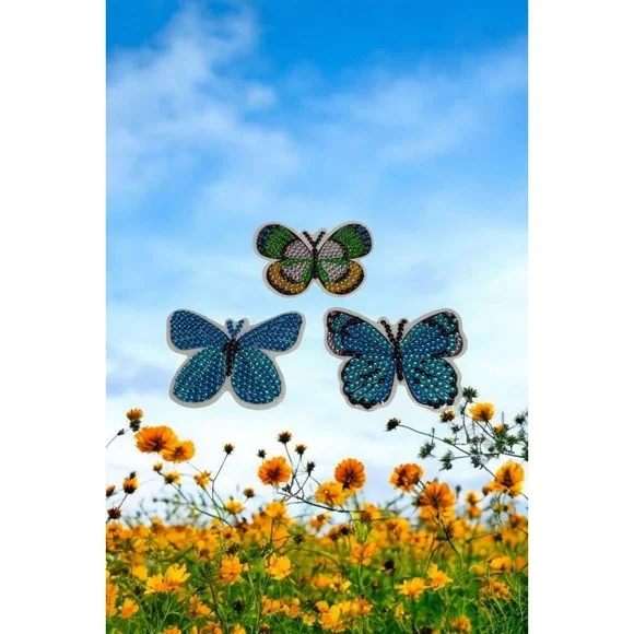 Set Of 3 Blue Diamond‎ Painted Butterfly Magnets