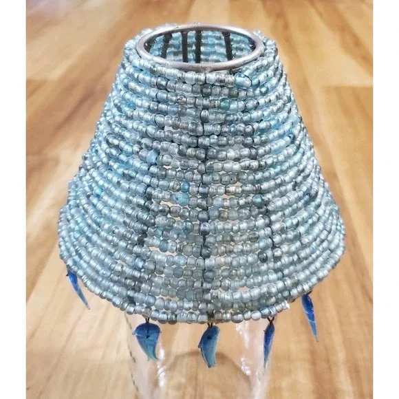 Vintage Beaded Blue Candle Ring Lamp Shade With Dangling Glass Fish