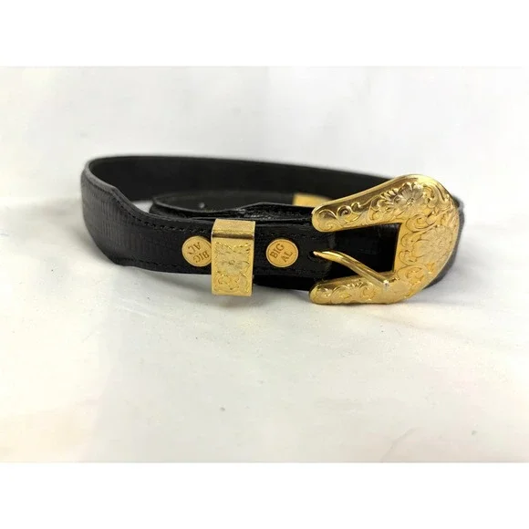 Big Al Western Leather Belt Gold Tone Buckle German Silver Black Size 28 Vintage