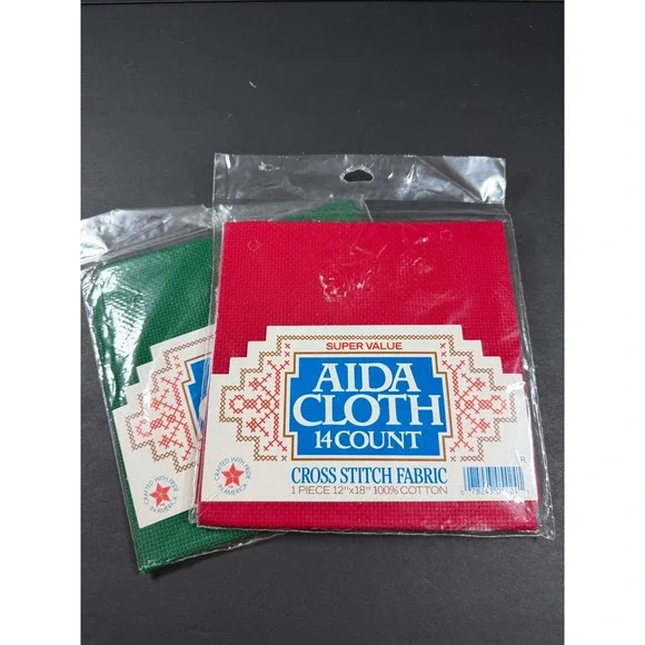 Aida Cloth Cross Stitch Fabric 12x18 Red Green 14 Count Lot of 2