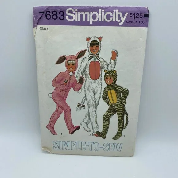 Simplicity 7683 Boys Girls Animal Costumes w/ Detach Head Size 4 Vintage Cut