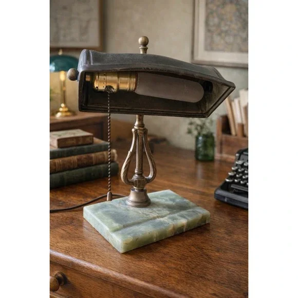 Vintage‎ Banker's Desk Lamp | Green Marble Base | Brass Lyre Stem | Mid Century