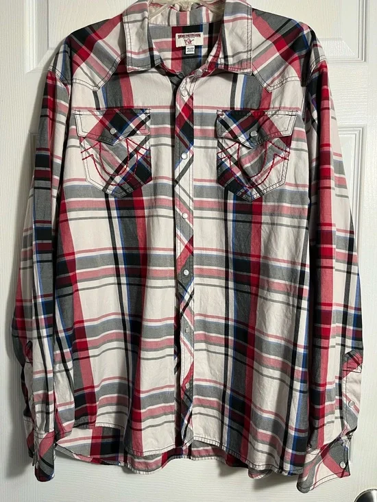 True Religion Red White Blue Plaid Men's Button-Up Shirt 2X