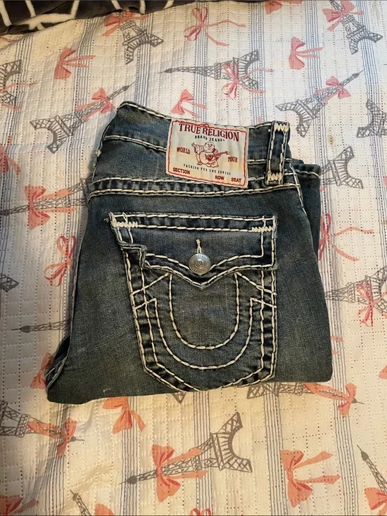 True Religion Dark Wash Boot Cut Jeans with Contrast Stitching