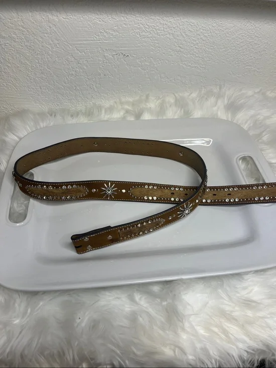 Nocona Tan Leather Belt with Crystal Starburst Accents