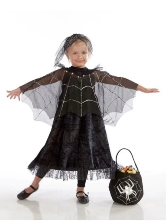 Pottery Barn Girls Black Spider Queen Costume Halloween Silver Web 2 Piece NWT
