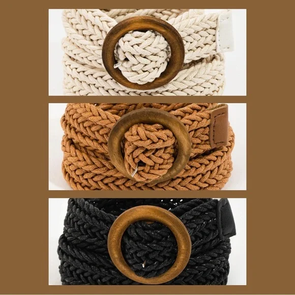 Wooden Circle Buckle Braided Belt 44” | Ivory, Black or Khaki