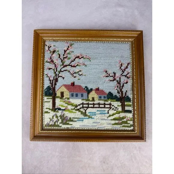 Vintage Framed Needlepoint Country House Cottagecore