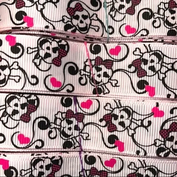 grosgrain Ribbon 7/8” NEW 5 yards beauty skulls checkers hot pink bow scrolls