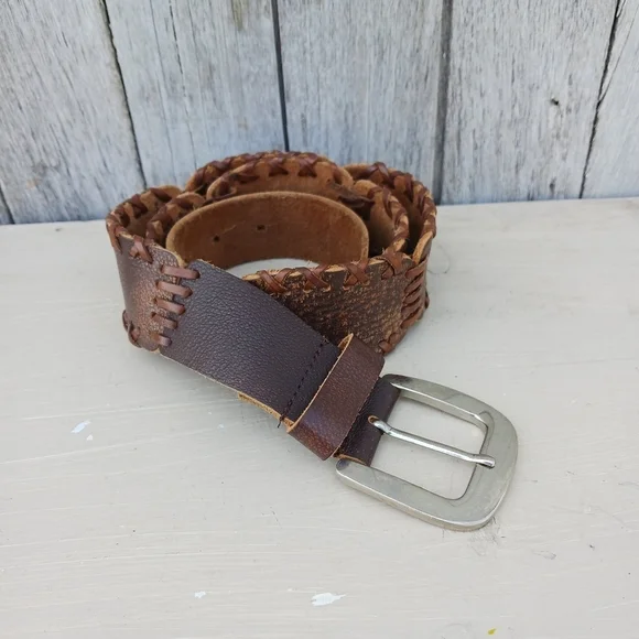 Vtg Whip Stitch Patchwork Brown Pebble Leather Belt White Brass Boho Western