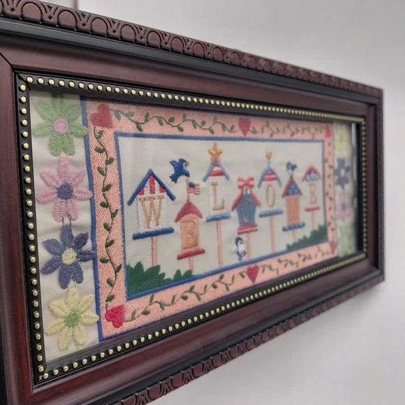 Cross Stitch Welcome Sign Framed Hanging Art Cottage Cabin Floral Bird House