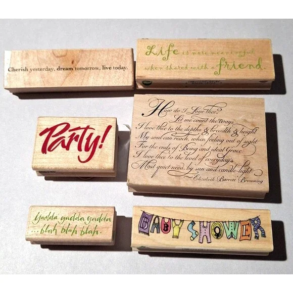 Lot of 6 Vintage Wooden Rubber Stamps Quotes, Party, Baby Shower, Poem Crafts
