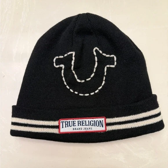 True Religion Beanie - Cuffed Winter Knit Cap with Stitched Yarn Horseshoe Logo