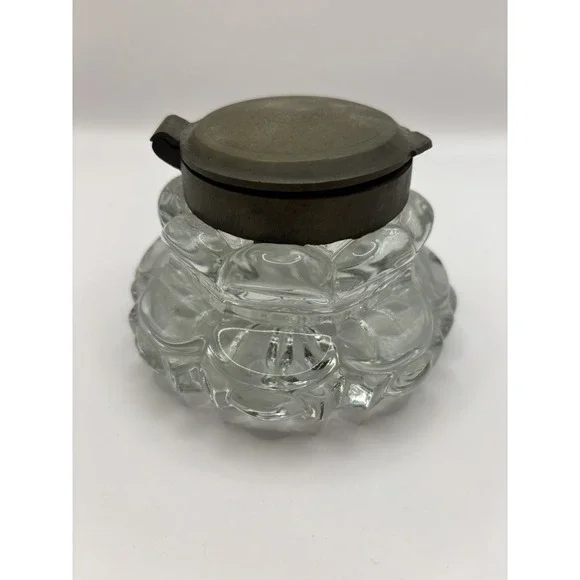 Vintage Antique Inkwell‎ Crystal Glass Brass Lid Old Money GrandpaCore